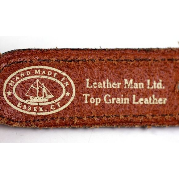Leather Man BROWN REAL LEATHER BLUE CANVAS 1 1/4"Wd GOLF DRESS MEN BELT 44 (A89 - Picture 6 of 12